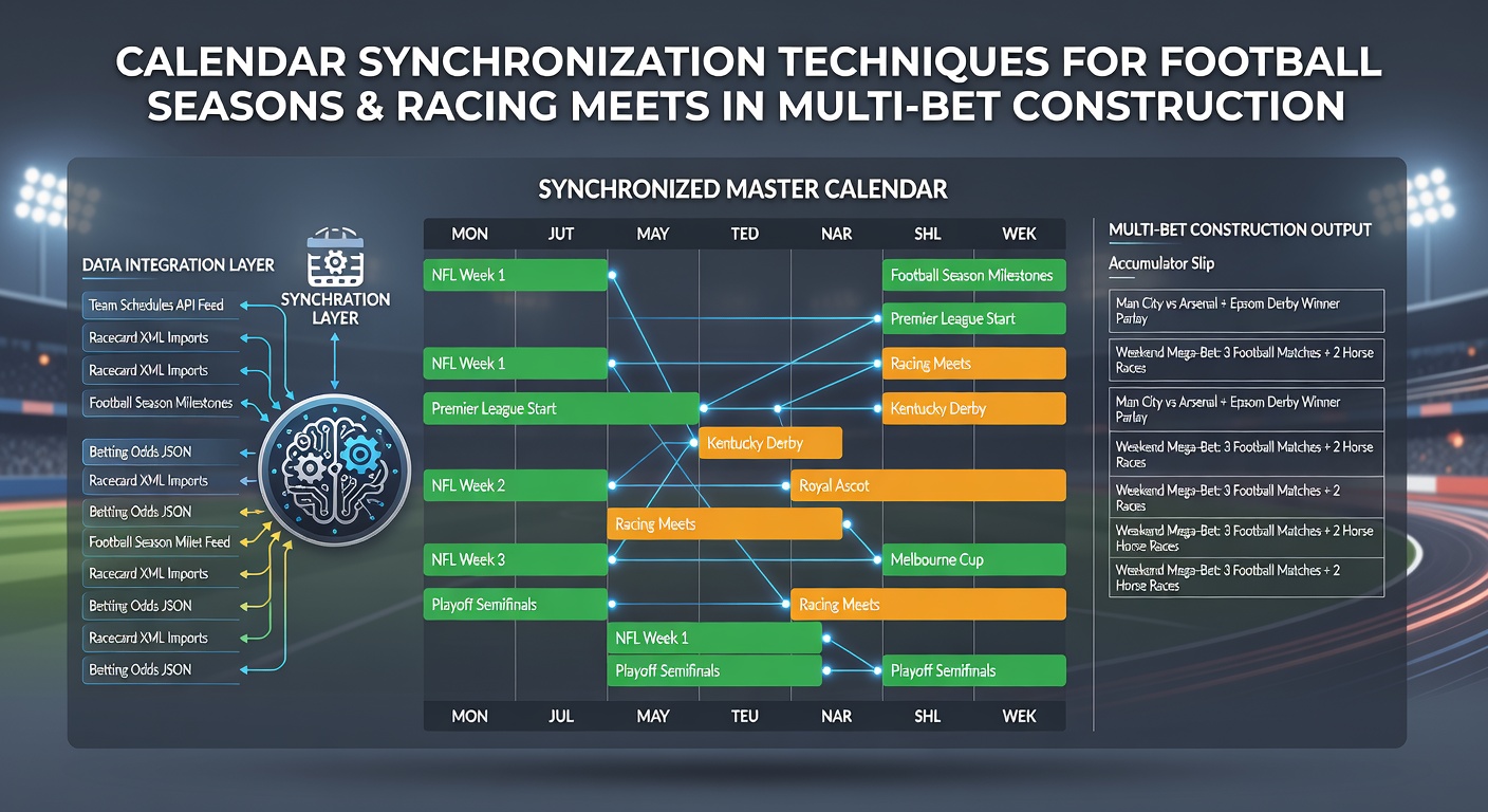 Detailed chart showing overlapping football and racing events with synchronization markers for accumulator planning