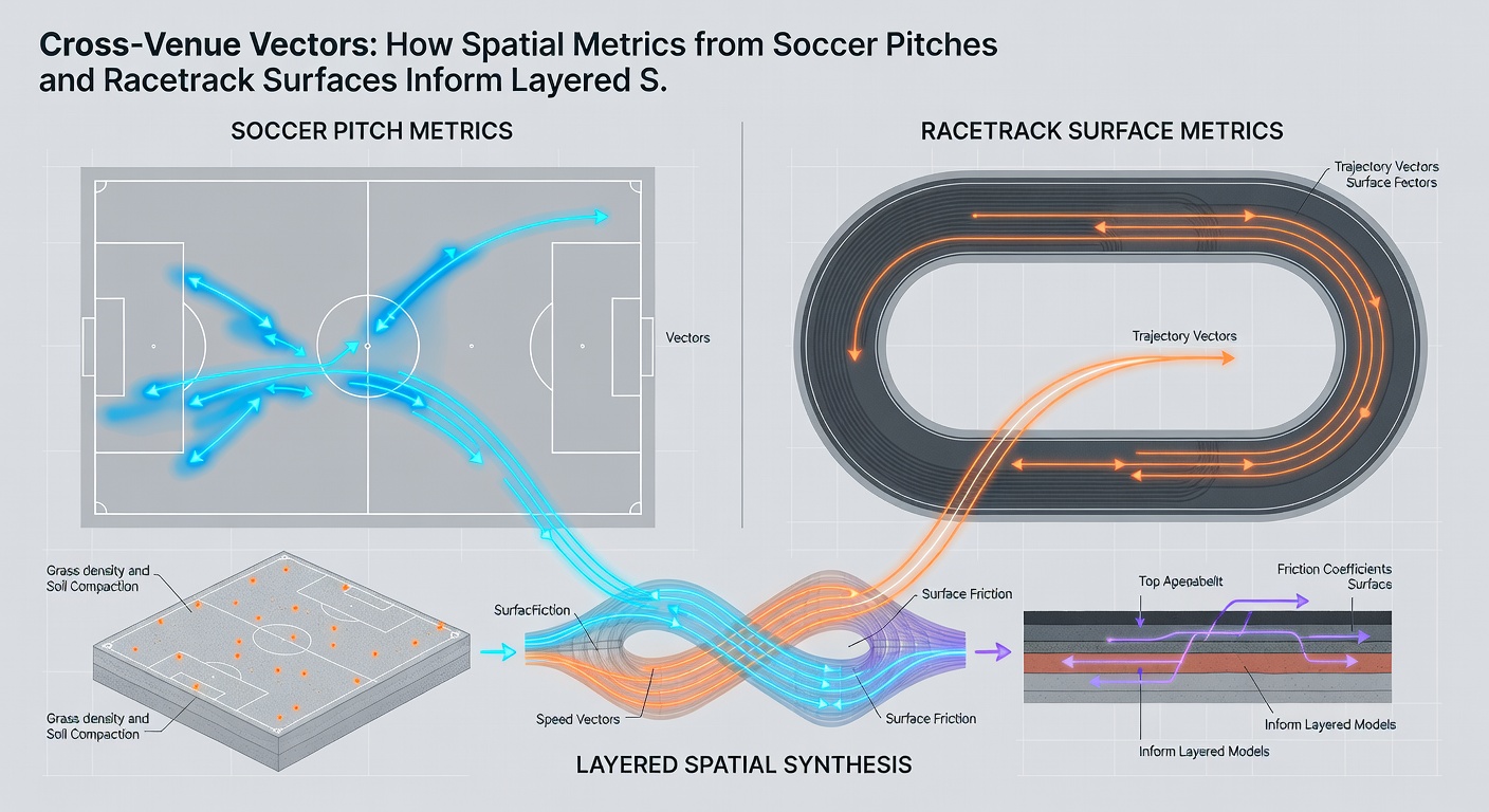Layered protocol flowchart connecting soccer pitch spatial data to racetrack surface analysis for selection decisions