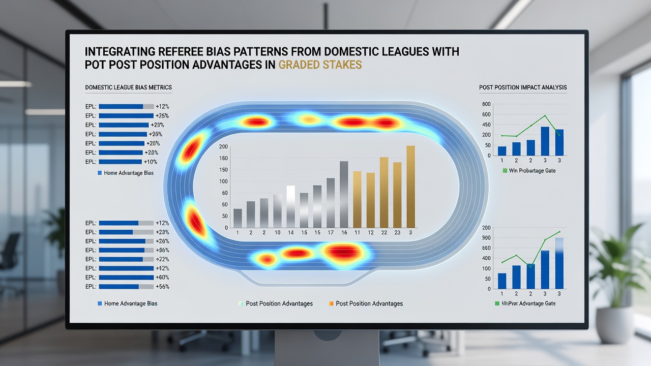 Data visualization merging referee bias indices with graded stakes post-position advantages for accumulator modelling