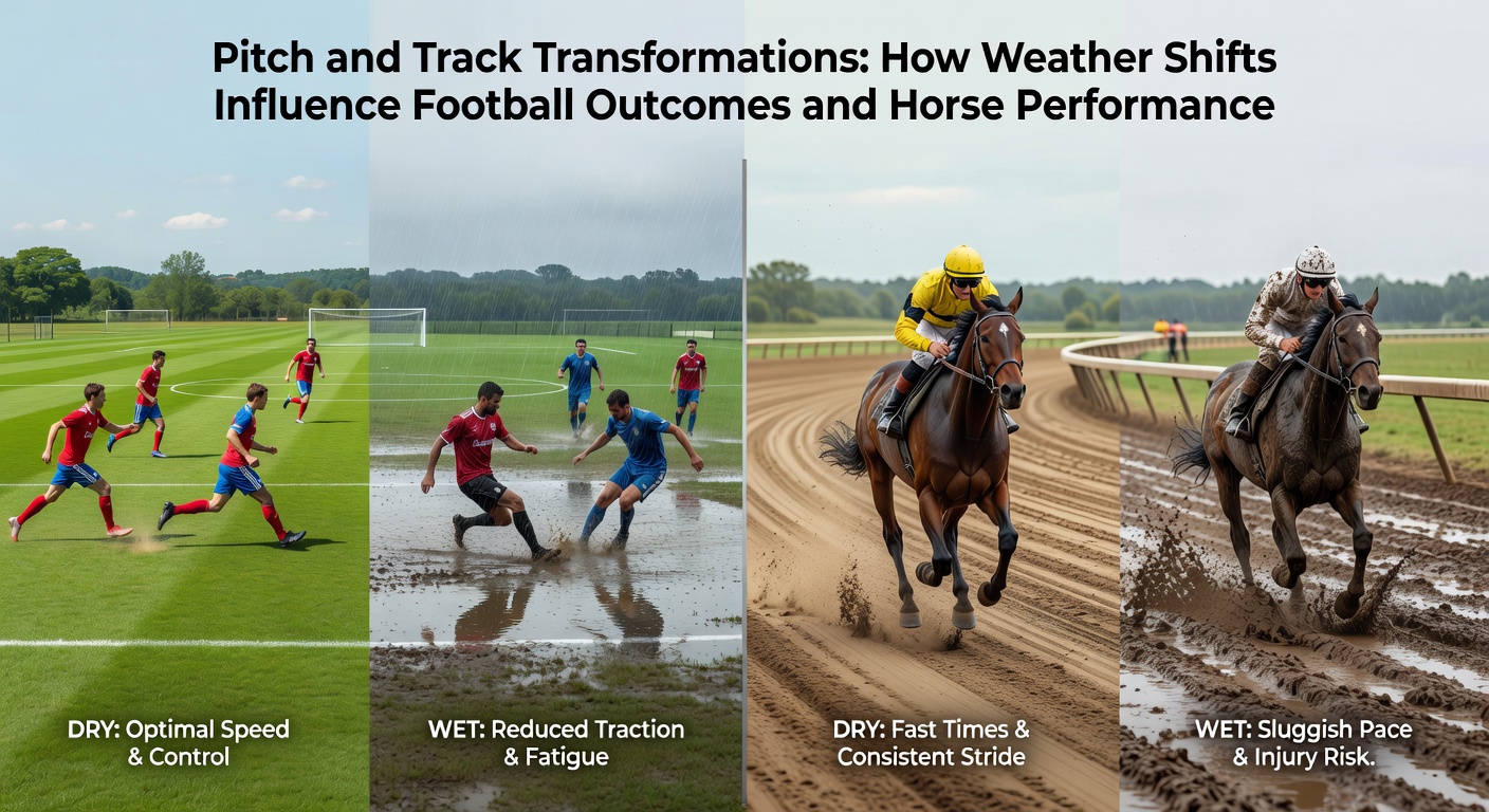 A horse galloping through a muddy track amid pouring rain, spray flying from hooves, illustrating how weather alters racing dynamics and performances