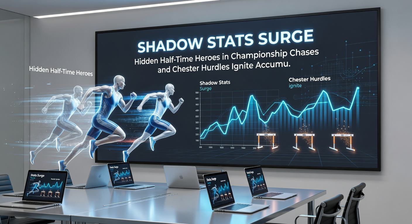 Close-up of Chester racecourse hurdle race with jockeys navigating tight turns, paralleled by a Championship half-time scoreboard flipping from deficit to lead