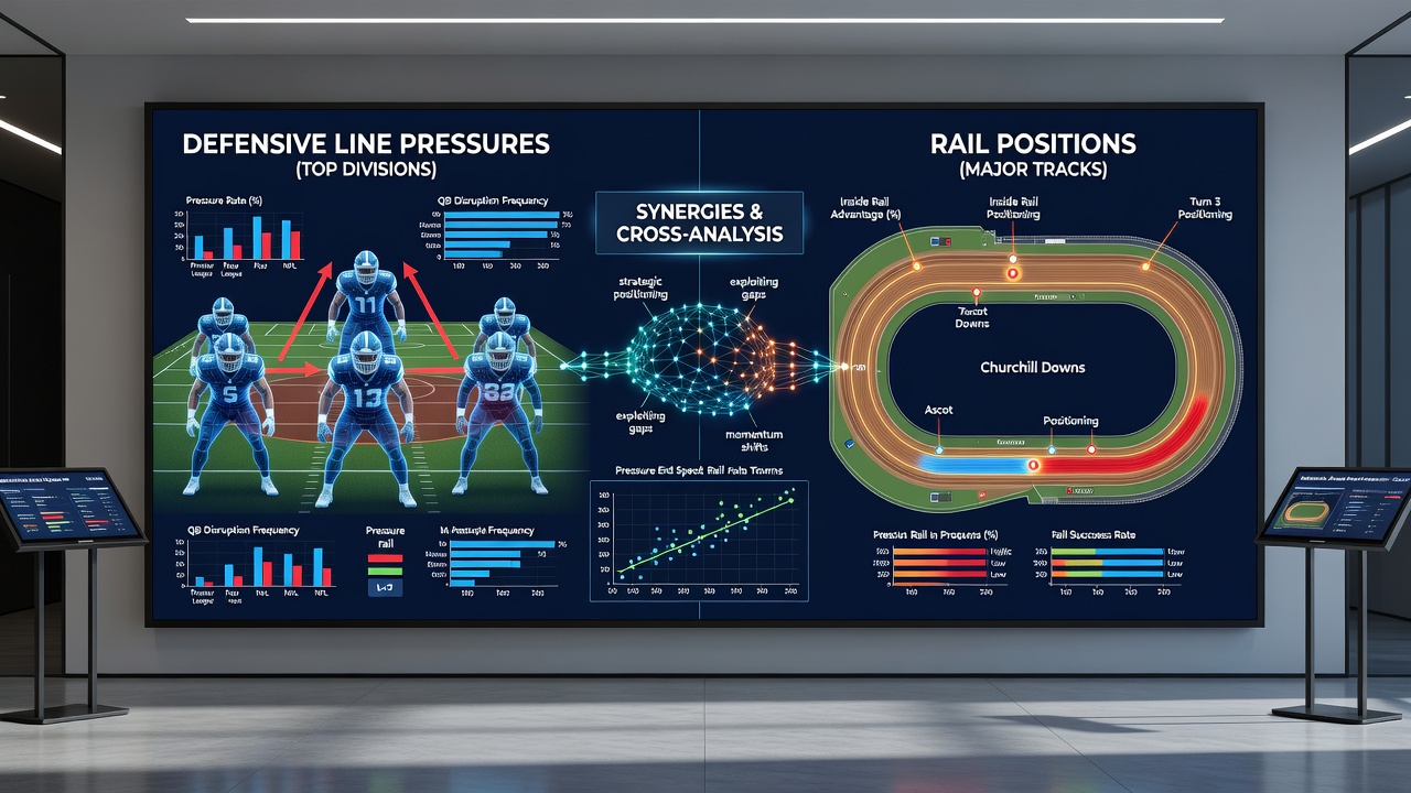 Data charts illustrating correlations between soccer defensive pressures and horse racing rail positions for betting models