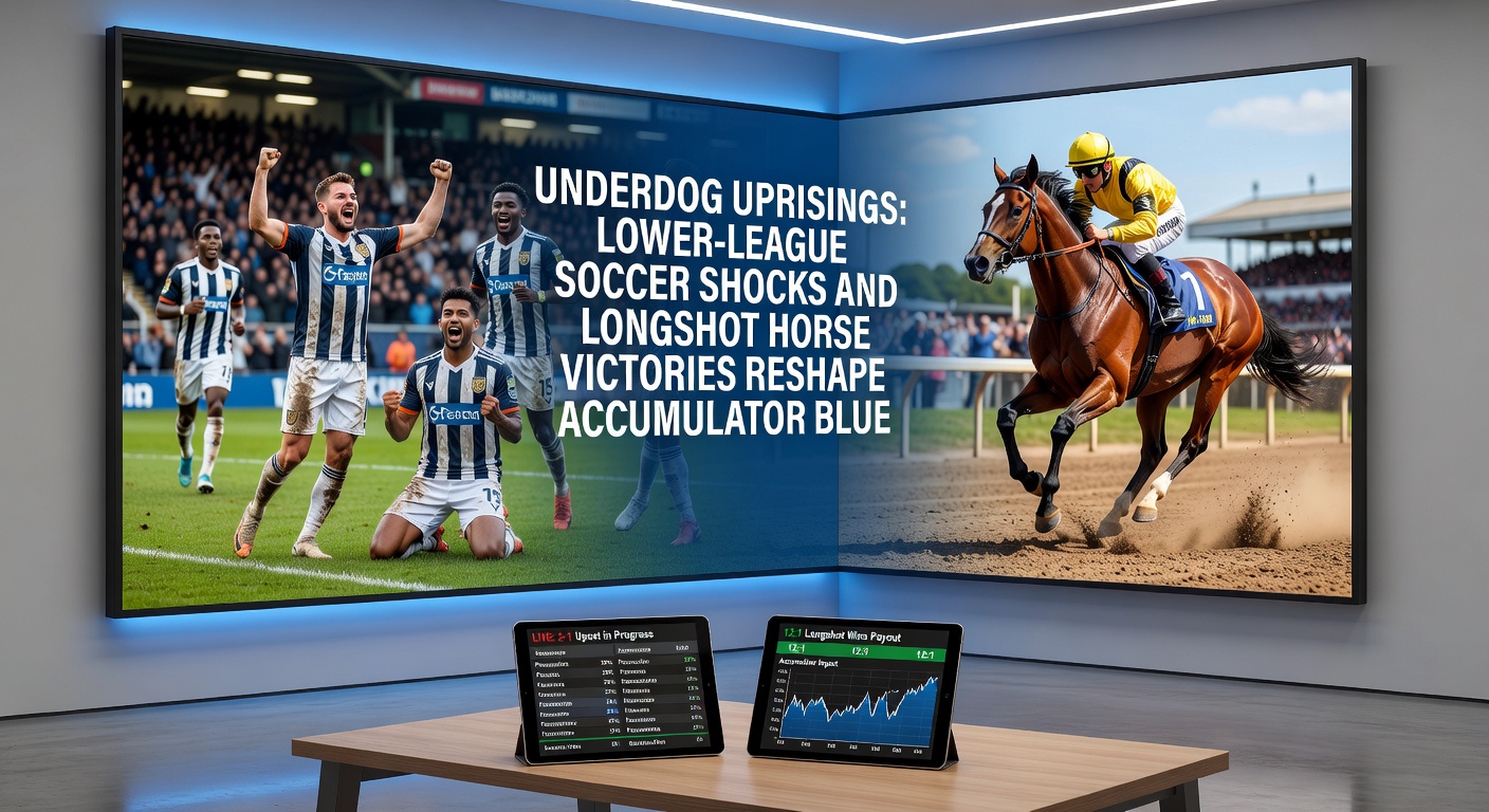 A longshot horse surges past frontrunners in the final furlong of a muddy turf race, jockey urging it on amid cheering crowds