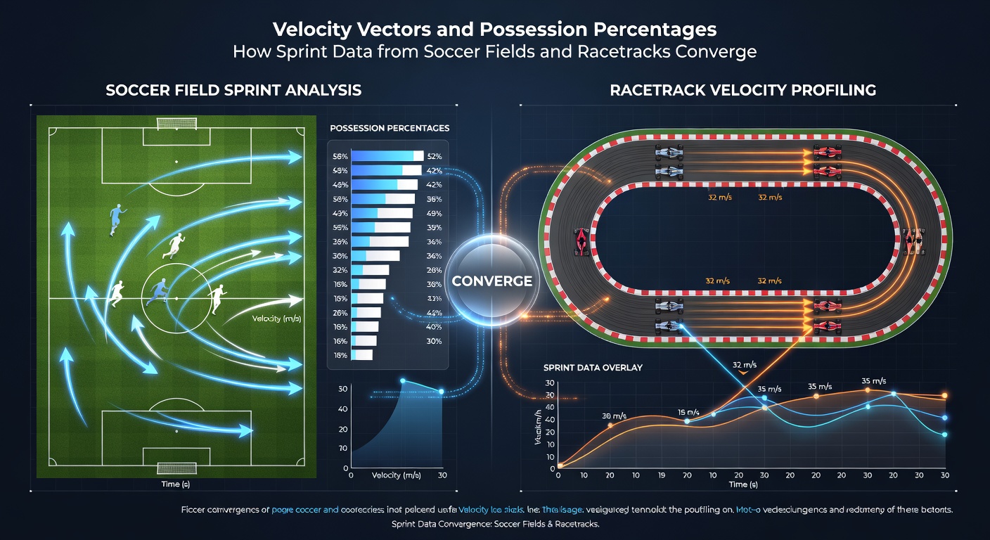 Horse racing sectional timing data displayed alongside soccer GPS velocity tracking for cross-sport analysis