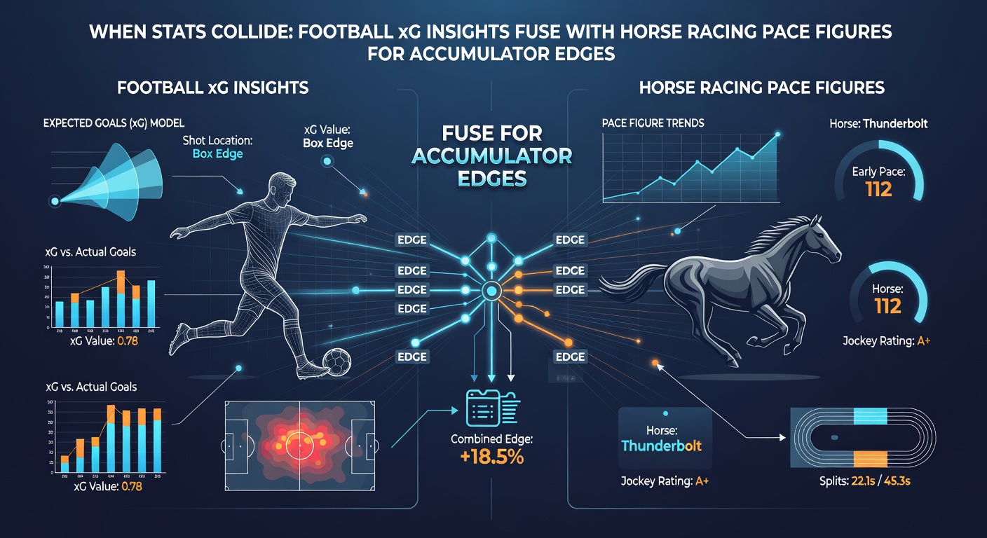 Split graphic of a Premier League xG chain model next to a horse race pace parabola, with accumulator payout icons connecting them