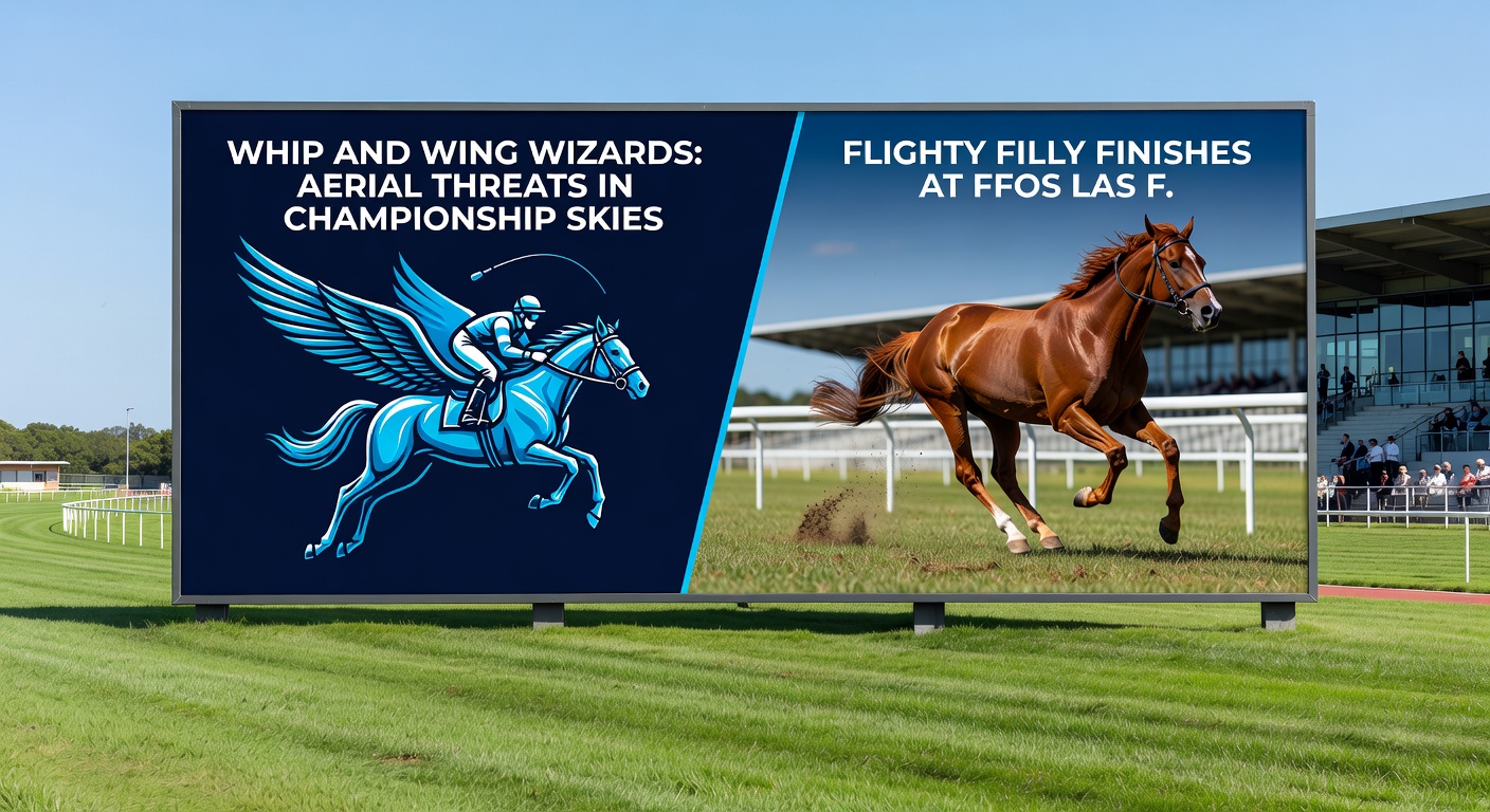 Close-up of a Championship winger whipping in a cross met by a soaring header, juxtaposed with a filly powering through the final furlong at Ffos Las in a photo-finish thriller