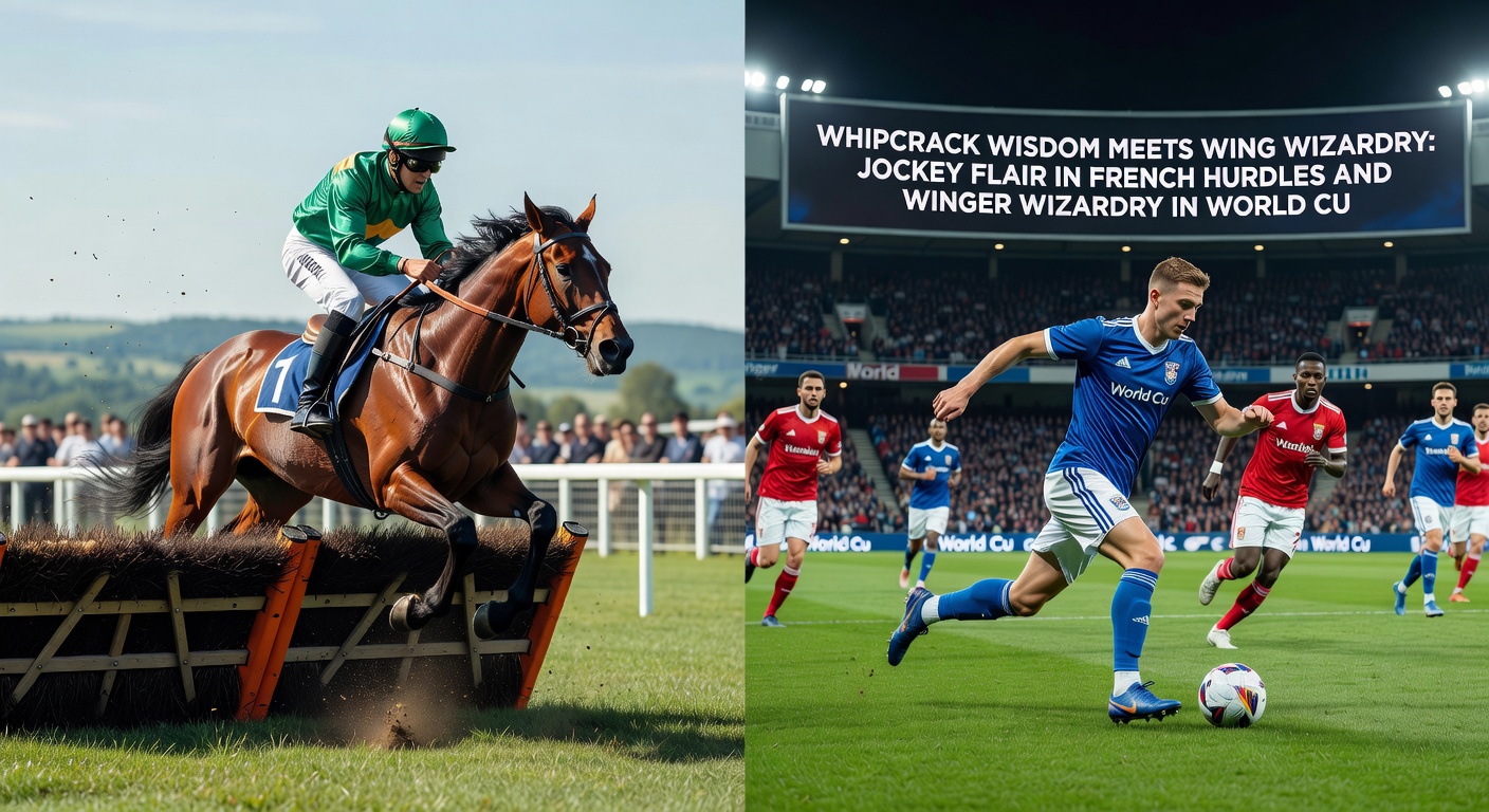 Dynamic split image of a jockey cracking the whip mid-jump over a French hurdle and a winger cutting inside to score in a World Cup qualifier